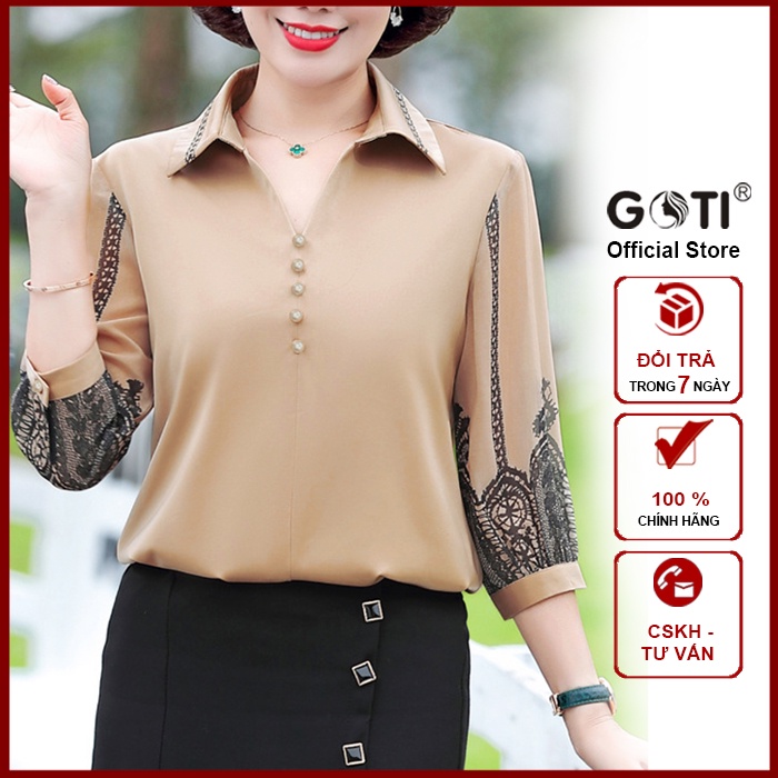 GOTI - Áo Trung Niên Nữ U50 U60 Kiểu Sơ Mi Tặng Mẹ Dáng Rộng Vải Lụa In Hoa Tiết Cao Cấp 3A26 3A27 3A28 3A29