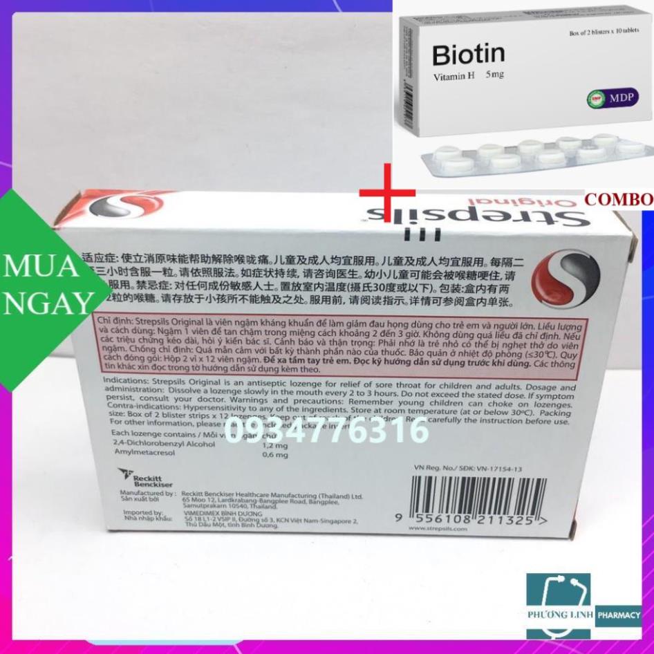 Combo Biotin 5mg+ Viên ngậm Strepsil hộp 24 viên