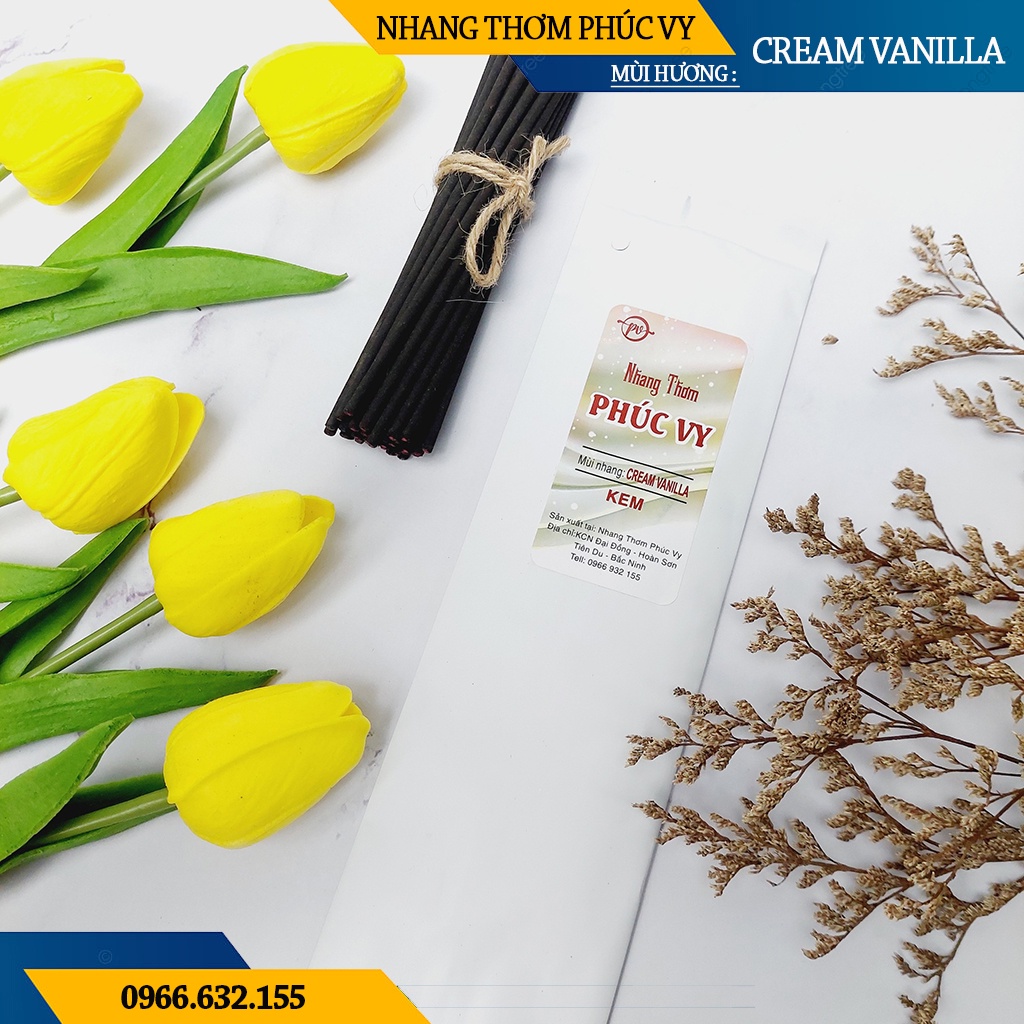 Nhang Thơm Phúc Vy Hương Cream Vanilla - Túi 39 Cây 28cm, Ít Khói, Thơm Nhẹ, Dễ Chịu, Không kích mũi