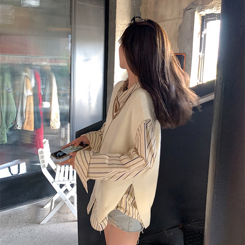 Áo khoác dệt kim IELGY cổ chữ V phối màu thời trang dành cho nữ
