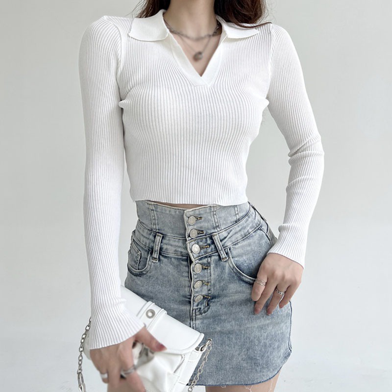Áo Croptop Dệt Kim Tay Dài Màu Trơn Dáng Ôm Thời Trang Hàn Quốc Xinh Xắn Cho Nữ