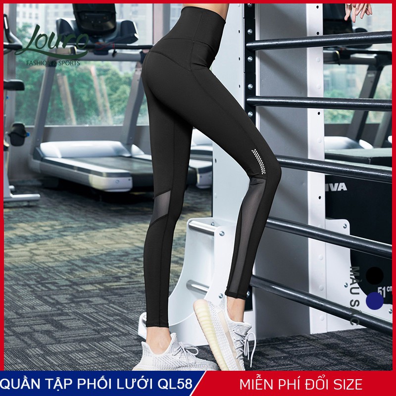 Quần tập gym nữ Louro QL58, kiểu quần tập gym nữ cạp cao phối lưới thoát nhiệt thoáng mát, co giãn 4 chiều