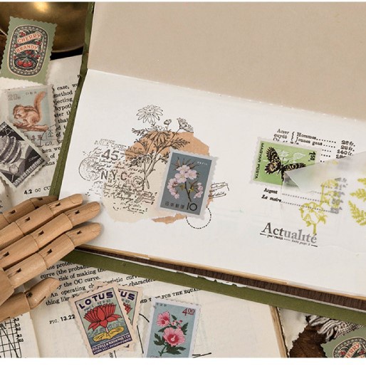 Bộ 46 tem dán Sticker kiểu Retro - Nhãn dán hình tem trang trí Bullet Journal VPPTUEMINH, album