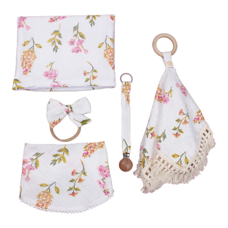 Bộ 5 Món Gồm Khăn Lau + Khăn Yếm + Khăn Lau Nước Bọt + Kẹp Ti Giả + Giá Đỡ Kẹp Tóc Cho Bé