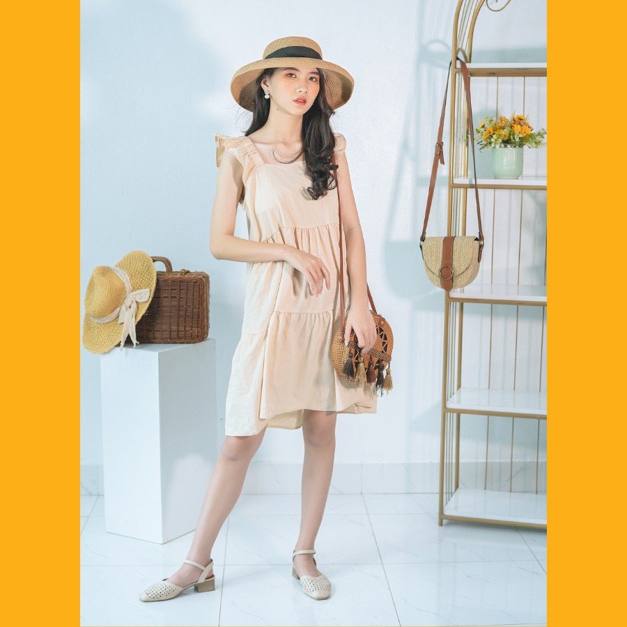 Váy babydoll đũi dáng dài cổ vuông cánh tiên 3 màu trắng nâu be hàng cao cấp | BigBuy360 - bigbuy360.vn