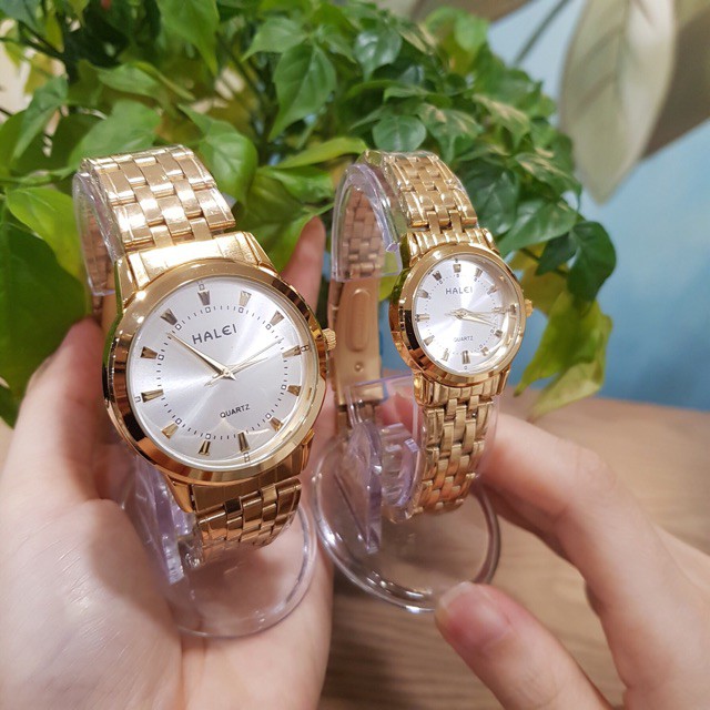 Đồng hồ đôi nam nữ Halei mặt trắng dây da kim loại chính hãng TonyWatch68