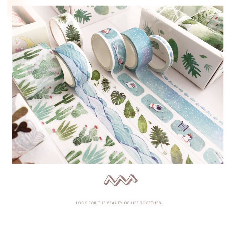 Bộ 8 cuộn băng keo giấy washi hình cánh hoa nhiều kích thước khác nhau dùng trang trí sổ tay diy