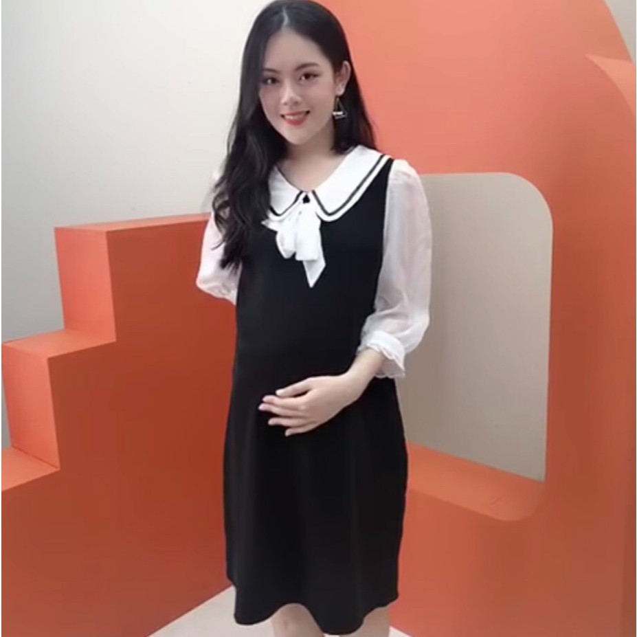 Váy bầu công sở thiết kế nơ cổ đẹp