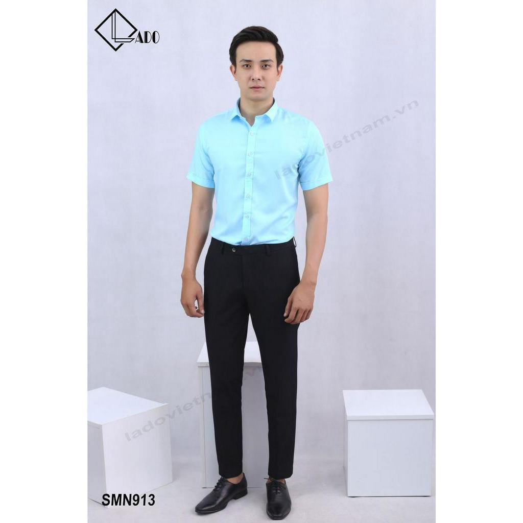 Áo sơ mi trơn ngắn tay màu xanh ngọc co dãn nhẹ LADO 913