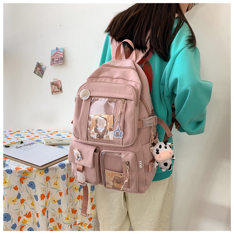 Balo học sinh kính vuông chống nước, ulzzang basic đi học đi chơi, tặng kèm gấu và sticker ngẫu nhiên