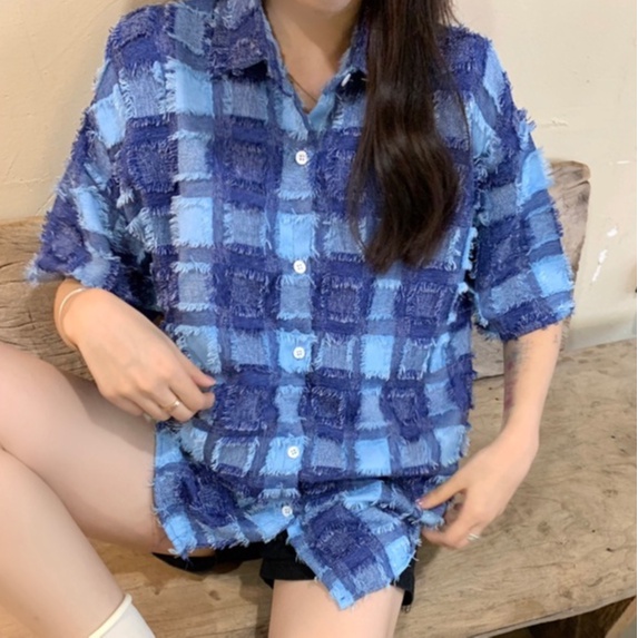 【ZHELIHANGFEI】Áo Sơ Mi Nữ Tay Ngắn Dáng Rộng Họa Tiết Caro Dễ Phối Đồ