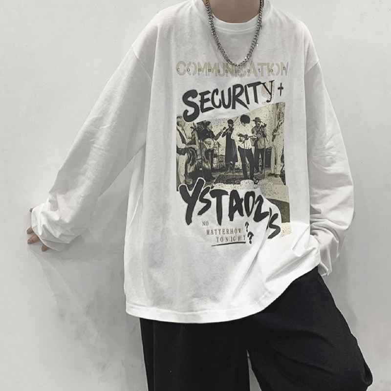 Áo thun tay dài dáng rộng in họa tiết hoạt hình phong cách đường phố Hàn Quốc cho nam size M-5XL
