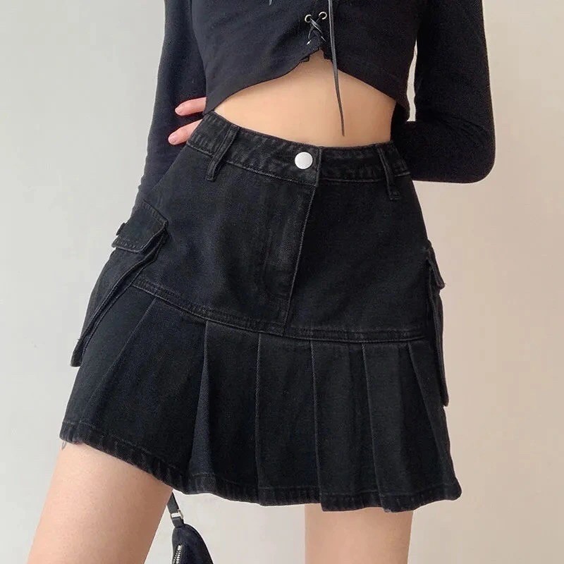 Chân váy jean xếp ly dáng chữ a túi hộp màu đen cá tính HÀNG SẴN | BigBuy360 - bigbuy360.vn
