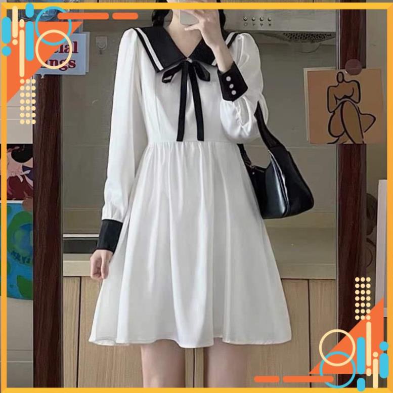 Đầm - Váy liền cổ thuỷ thủ dài tay - Váy nữ sinh cách điệu phối màu cổ xinh xắn