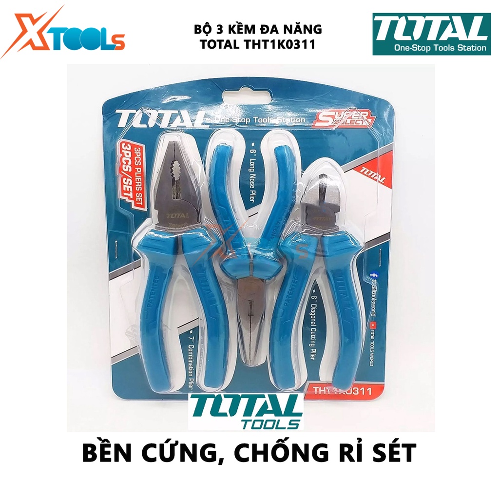 Bộ 3 kìm điện, kìm cắt, kìm mũi nhọn TOTAL THT1K0311 | bộ kềm đa năng gồm ba loại răng 7&quot;, mũi dài 6&quot;, cắt 6&quot;, đầu kềm đ