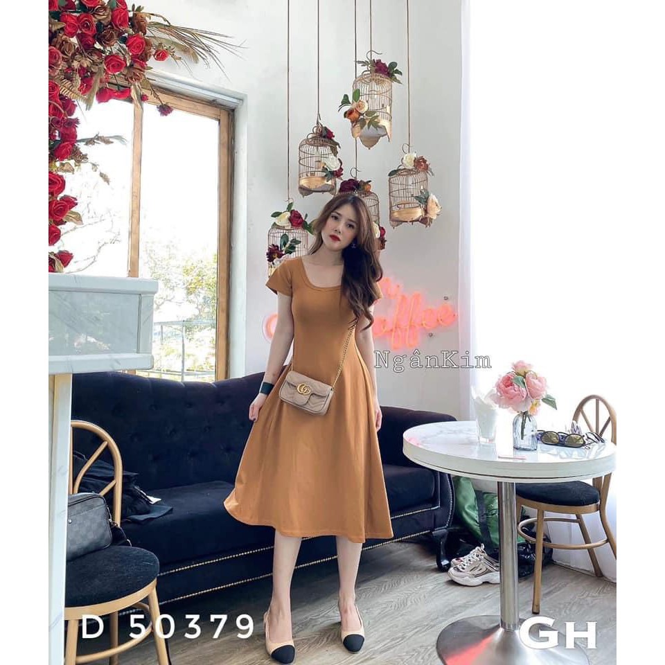 [Mã FAGREEN1505 giảm tới 30K đơn 99K] Váy thun nữ ôm chân xòe CỔ U dáng midi chất cotton co giãn, 2 màu trơn basic