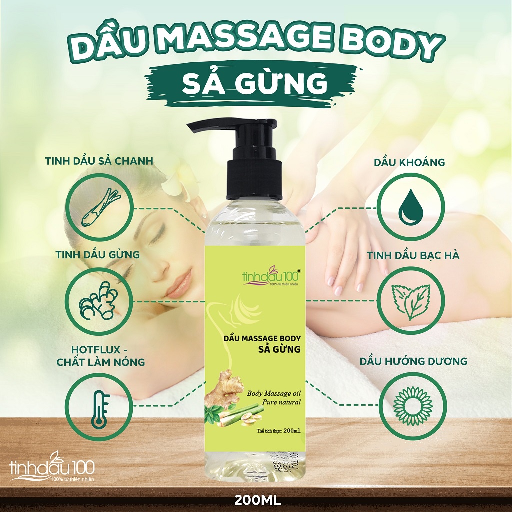 Dầu mát xa body sả gừng thư giãn, có nóng, xoa bóp cổ vai gáy. Tinh dầu massage bụng săn chắc lọ 200ml Tinh Dầu 100