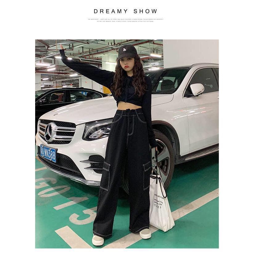 Quần suông ống rộng unisex giả jean viền chỉ lưng cao kèm túi hộp 2 bên màu đen GuuZ Fashionista | BigBuy360 - bigbuy360.vn