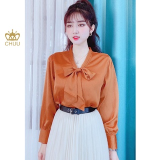 Áo sơ mi lụa trơn nơ tay dài CHUU A5236