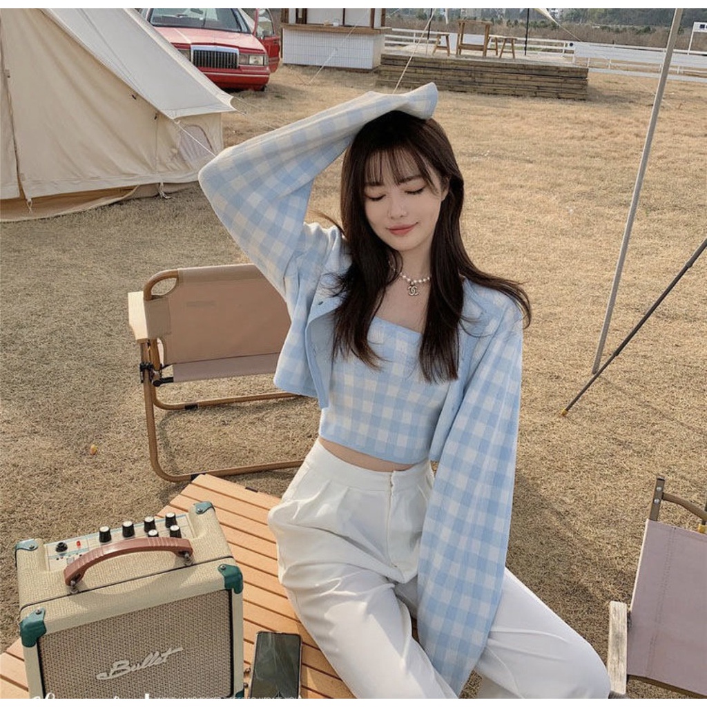 Áo len 2 dây croptop nữ Thảo Chi - Set áo len 2 dây kèm áo khoác ngoài họa tiết kẻ caro có 4 màu cực xinh dễ thương