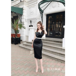 Đầm ôm body nơ ngực phối ren eo,có mút ngực chất liệu umi phối ren thời trang nữ qc