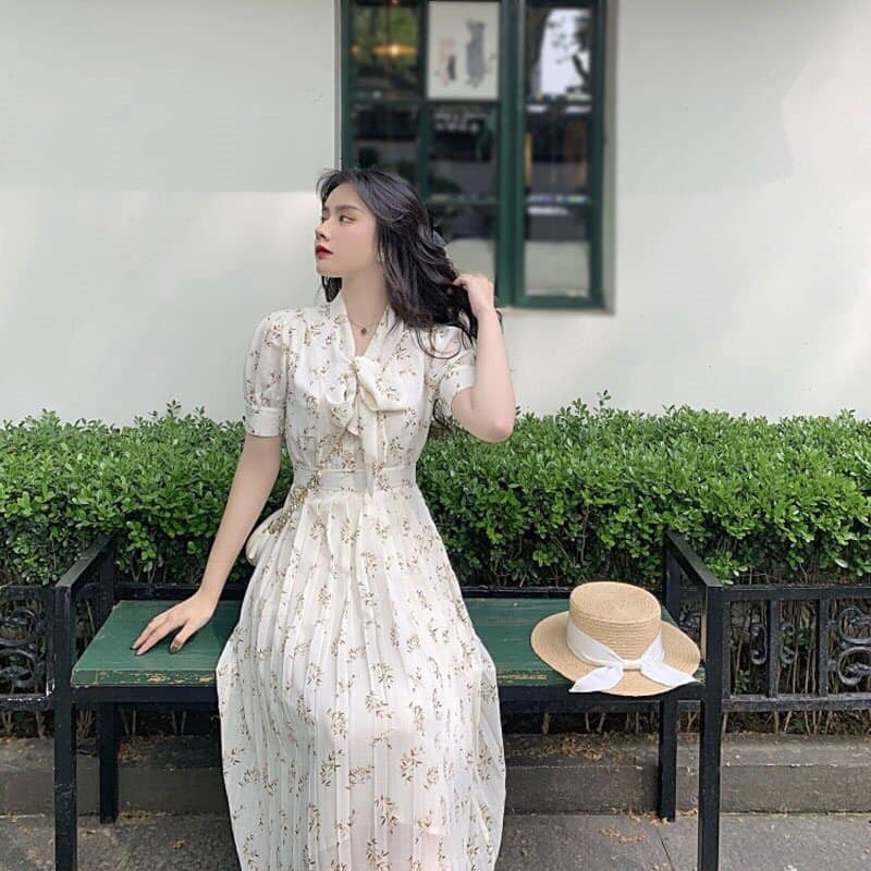 (HÀNG SẴN) Váy hoa nhí kem cổ nơ chân xếp ly siêu cấp | BigBuy360 - bigbuy360.vn
