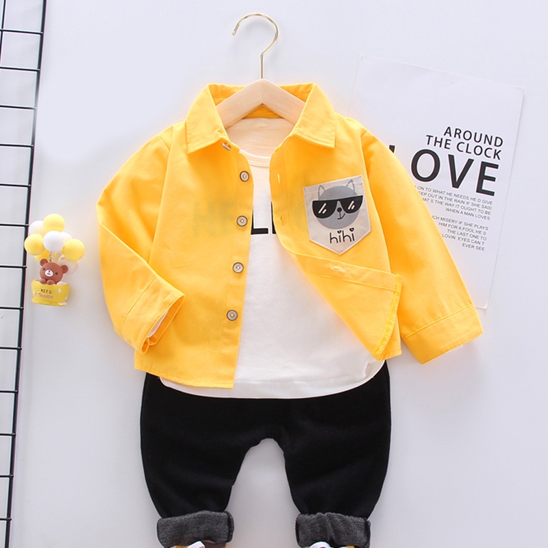 BEAR LEADER Bộ 3 Món Áo Sơ Mi In Chữ + Quần Dài Màu Trơn Thời Trang Mùa Thu Cho Bé Trai