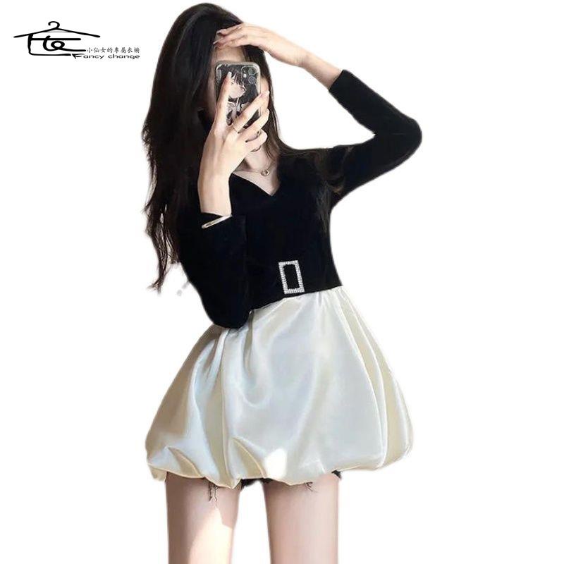 Đầm Nhung Cổ Chữ V Eo Cao Dáng Ôm Thời Trang Cho Nữ