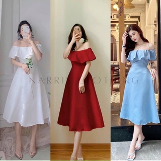 Váy dự tiệc trễ vai bèo – trắng đỏ xanh