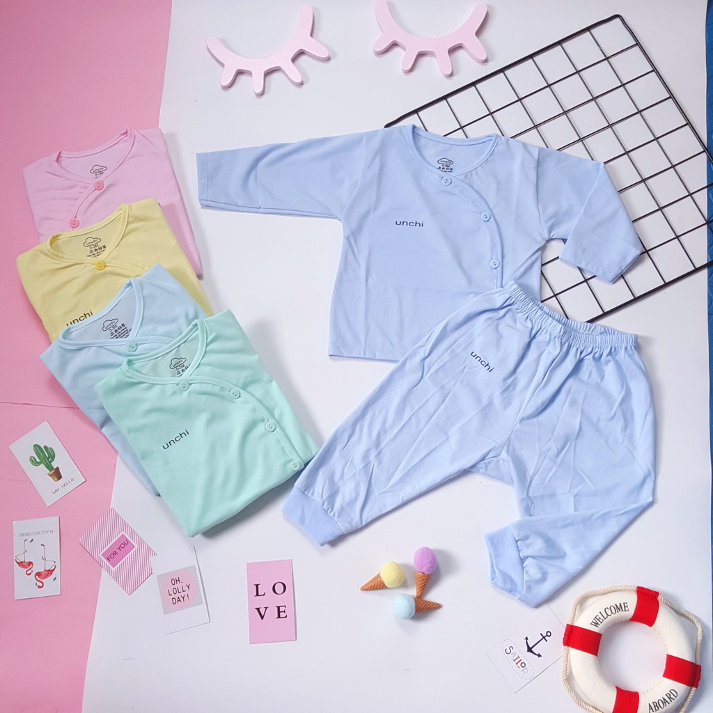 Quần áo sơ sinh 💖FREESHIP💖 Bộ sơ sinh dài tay UNCHI khuy cài lệch cho bé sơ sinh từ 0-6 tháng, có màu cho bé Trai/gái