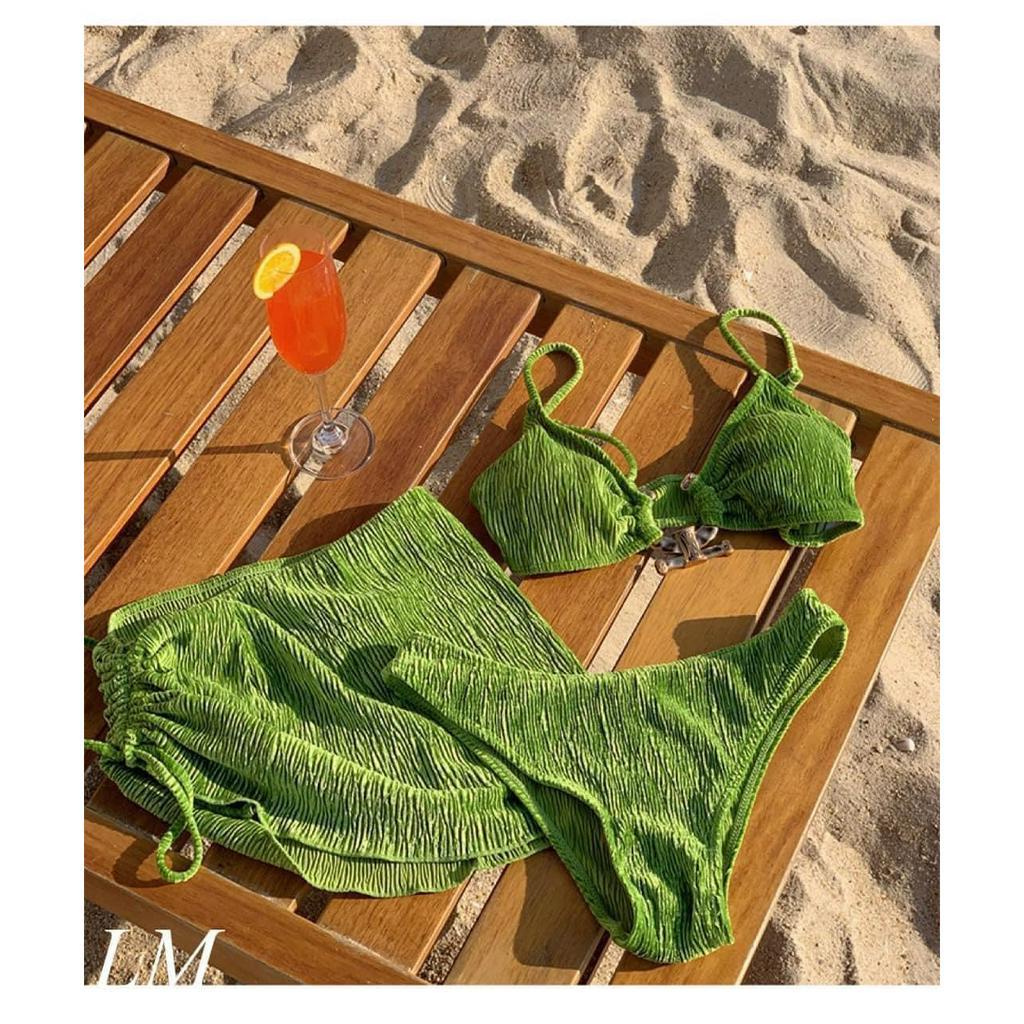 Set bikini 3 mảnh nữ bộ đồ bơi đi biển màu xanh nhung sexy ulzzang Hàn Quốc