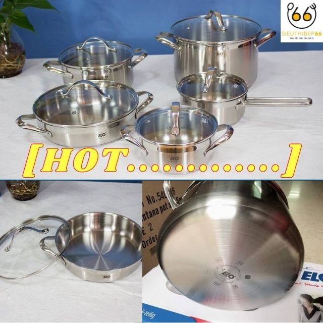 Bộ Nồi Bếp Từ Elo Belle 5 món Kèm Vung Kính, Đa Năng,1-5 Lít, Bộ Nồi Inox Đáy Từ, Chảo Chống Dính Bếp Từ