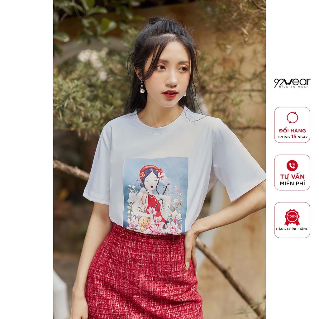 Áo phông nữ ngắn tay cổ tròn in hình cô gái 92WEAR, thiết kế trẻ trung, cá tính ATA2256