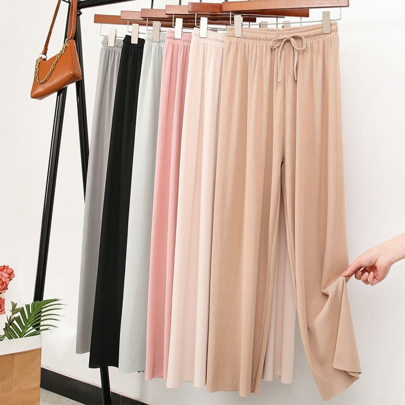 High Waist Ice Silk Wide Leg Pants / Korean Casual Loose Summer Trousers / Plus Size Slim Pants | BigBuy360 - bigbuy360.vn