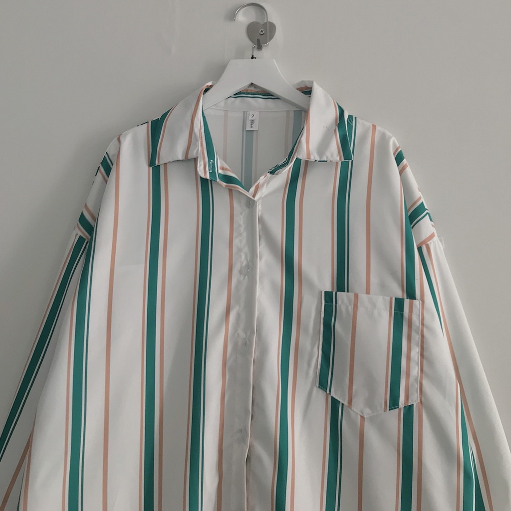 Áo Sơ Mi Nữ Form Rộng Tay Dài JEM CLOSET Mẫu Kẻ Sọc Xanh Cam Phối Màu Cá Tính KINA 10271