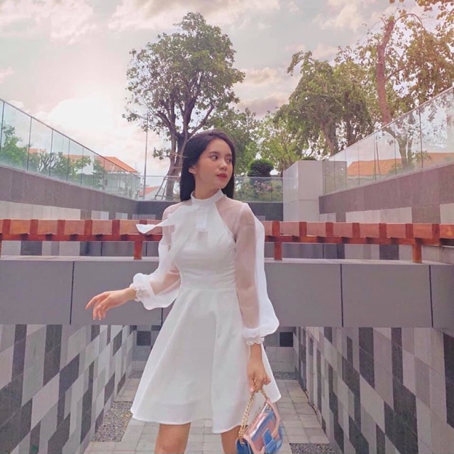 Đầm trắng nơ cổ
