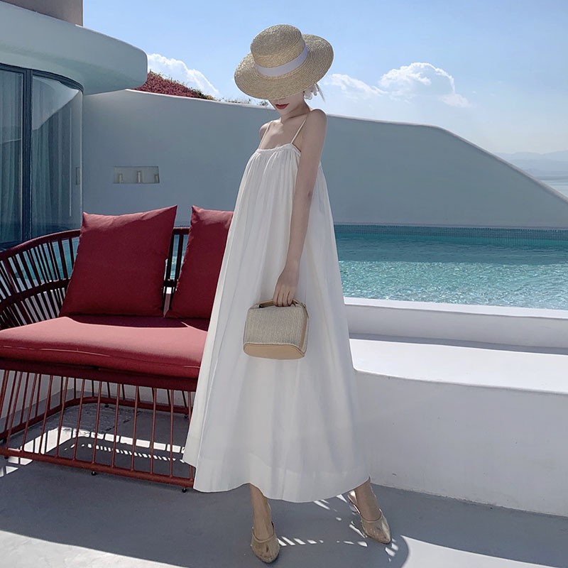 sẵn JANE'S Đầm hai dây xoè đi biển sắc trắng thhời thượng sang chảnh Paris dress C35