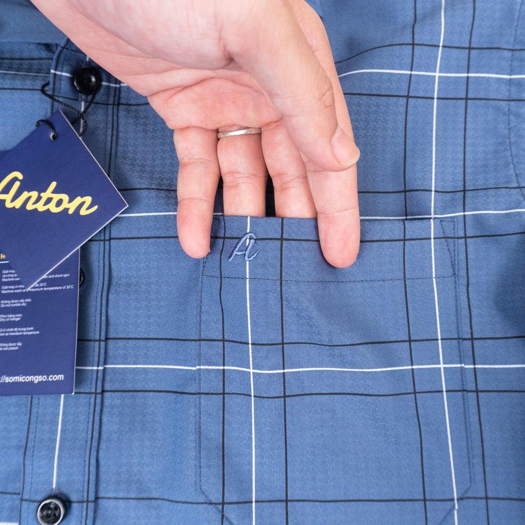 Áo Sơ Mi Nam Công Sở Trung Niên Anton Somianton Dài Tay Màu Xanh Họa Tiết Kẻ Sọc Đen Trắng Vải Bamboo Chun - YAC149