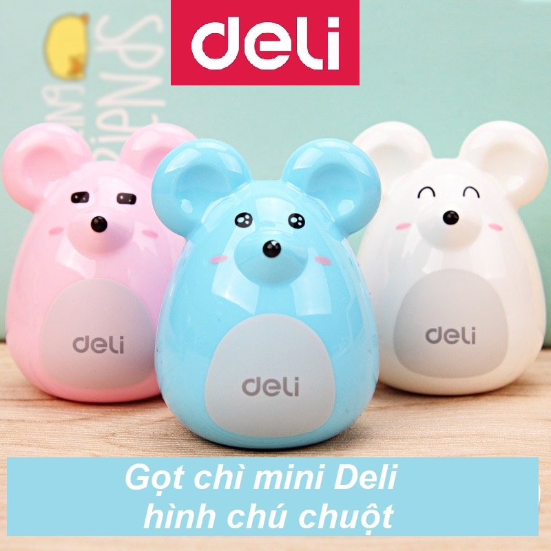 Gọt chì mini thương hiệu Deli hình chú chuột 1 chiếc - 3 màu Trắng/Xanh/Hồng