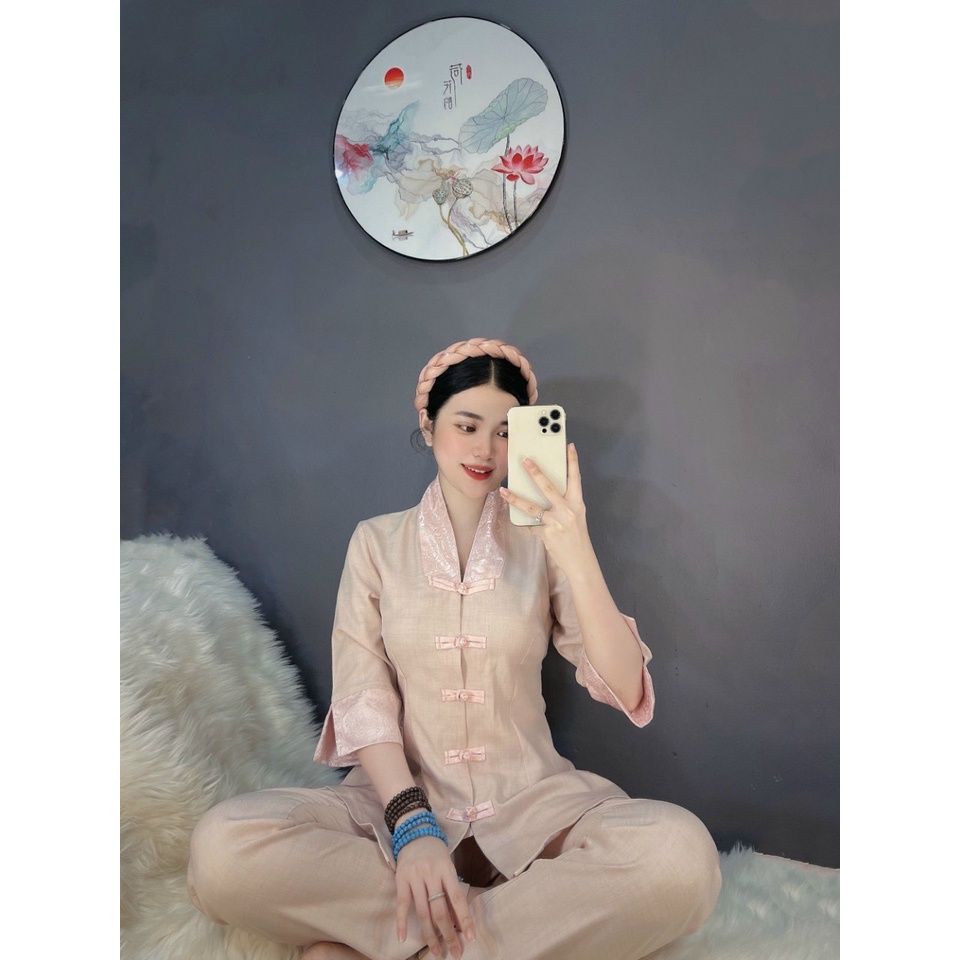 ĐỒ LAM ĐI CHÙA cao cấp #mẫu la hán nữ cách tân vải đũi Hàn dày dặn phối gấm # set phật tử quần áo đi chùa B36