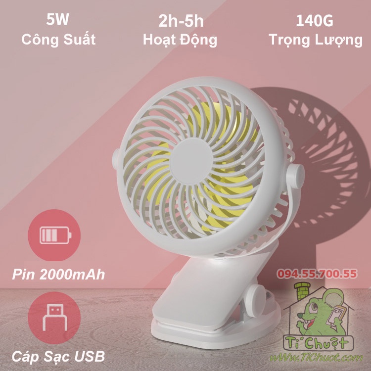 Quạt Sạc Clamp Fan Kẹp Bàn/ Xe Nôi Pin 2000mAh Siêu Êm