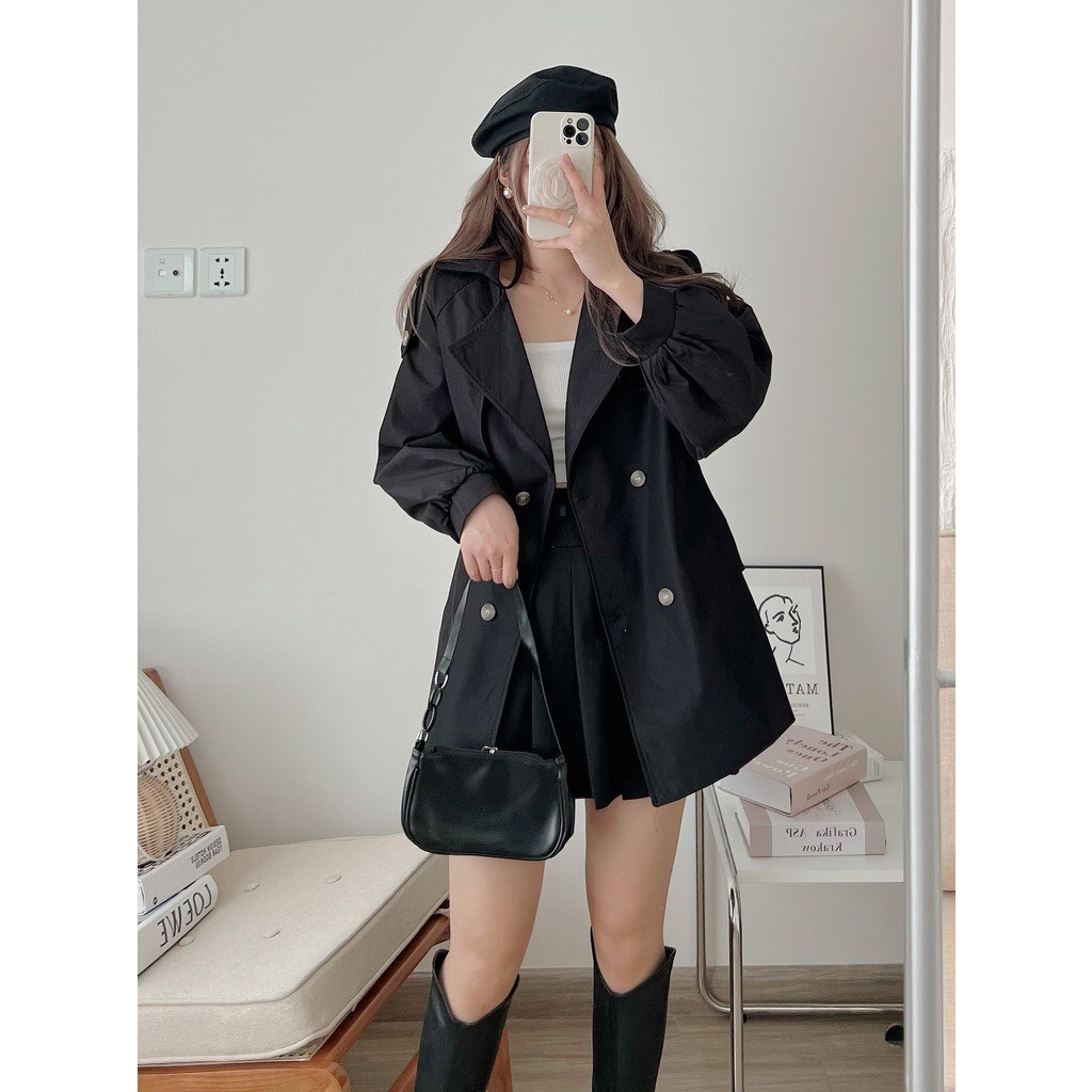Áo mangto kaki nữ NIG DU, Áo khoác ngoài nữ 2 lớp dáng dài Hàn Quốc kèm belt