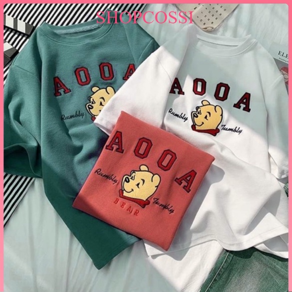 Áo thun tay lỡ nam nữ, áo phông unisex form rộng chất cotton mát mịn thấm hút mồ hôi in hình gấu thêu