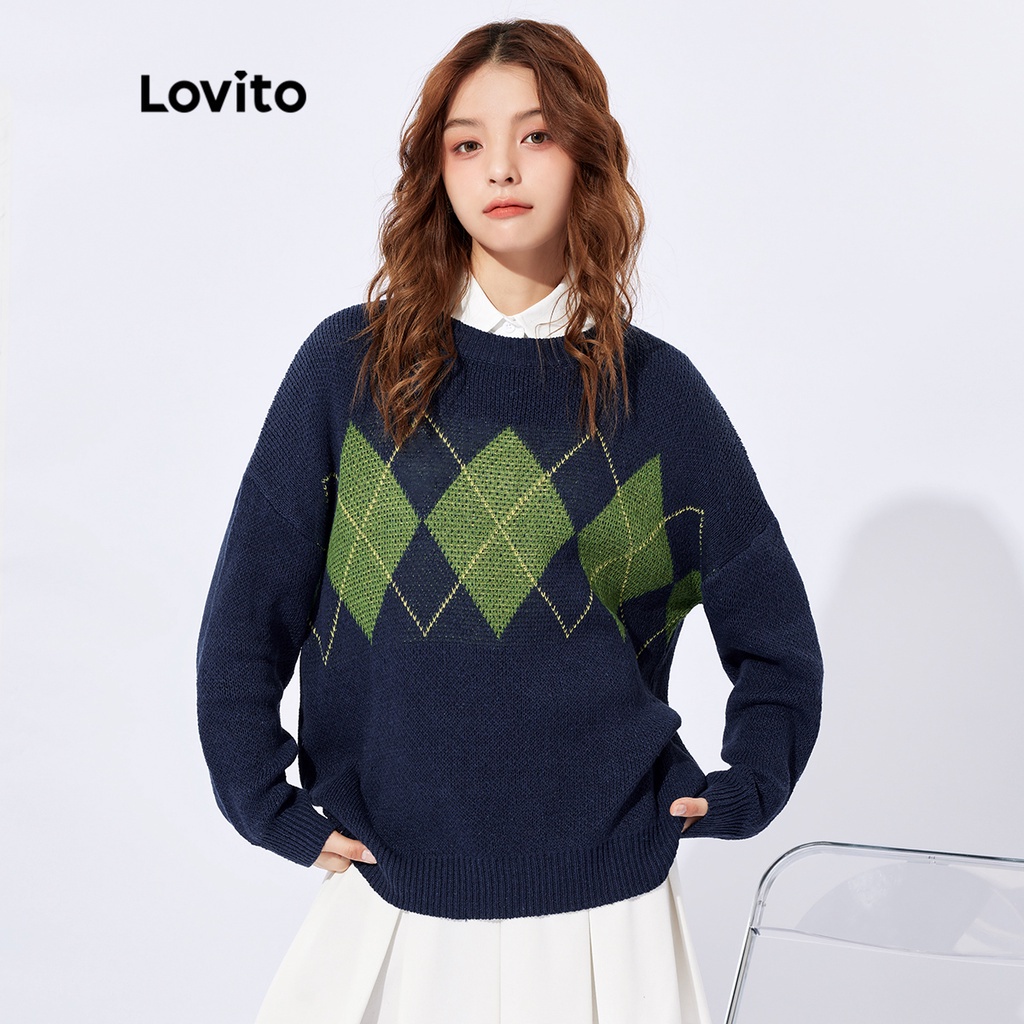Áo len Lovito dệt kim sọc gân tay dài cổ tròn họa tiết kẻ sọc Argyle phong cách Preppy L32FW051 (màu xanh navy)