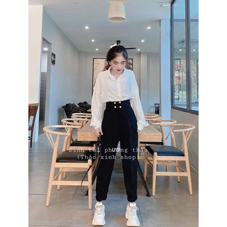 Set áo sơ mi trắng tay bồng mix quần đen basic mt52