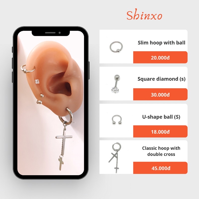 Khuyên xỏ vành tai helix hoop, khuyên đá vuông, khuyên chữ U, khuyên chữ thập bằng thép y tế không gỉ