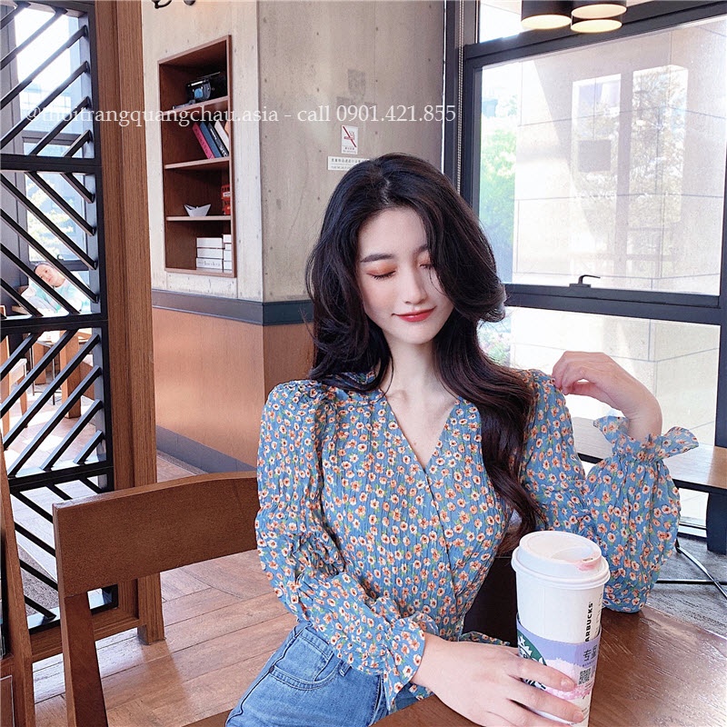 Áo Croptop Hoa Nhí Xanh Bo Eo “Phong Cách Hàn Quốc” Mã QC65