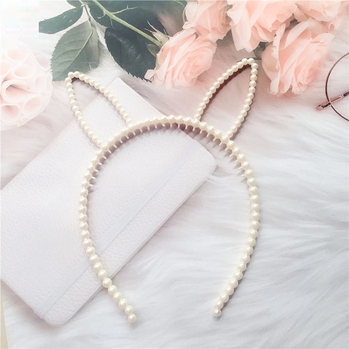 Cài tóc tai thỏ đính ngọc trai dễ thương cute tai mèo đính nơ