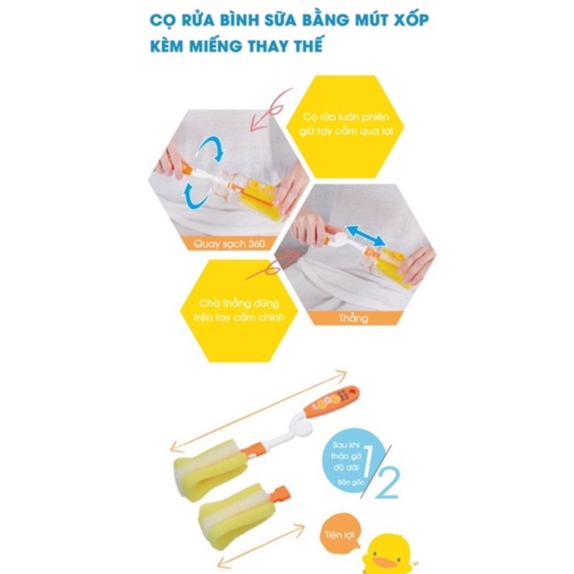 Cây cọ rửa bình sữa Piyo Piyo, tay cầm trên thân có nấc, đầu cọ rửa bằng mút xốp, kèm đầu cọ thay thế
