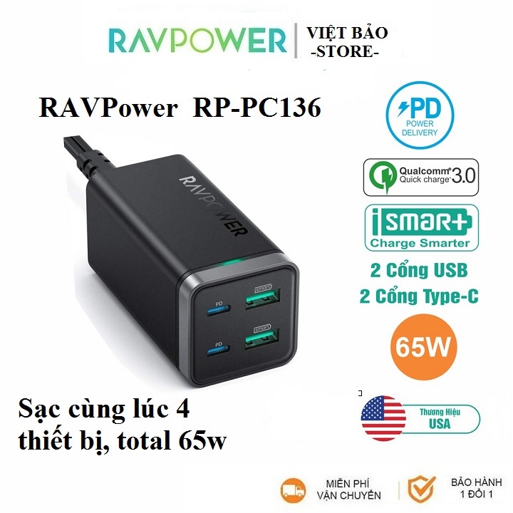 Củ Sạc 4 cổng 65W RAVPower RP-PC136 - GaN tech (dual type-C)